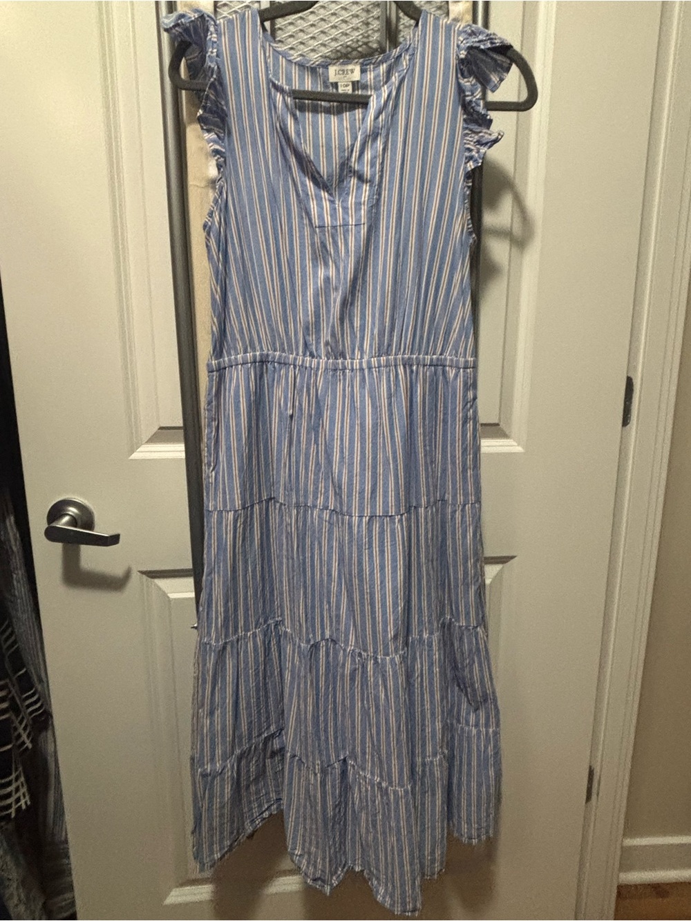 J. Crew Blue & White Striped Ruffle-Shoulder Maxi Dress